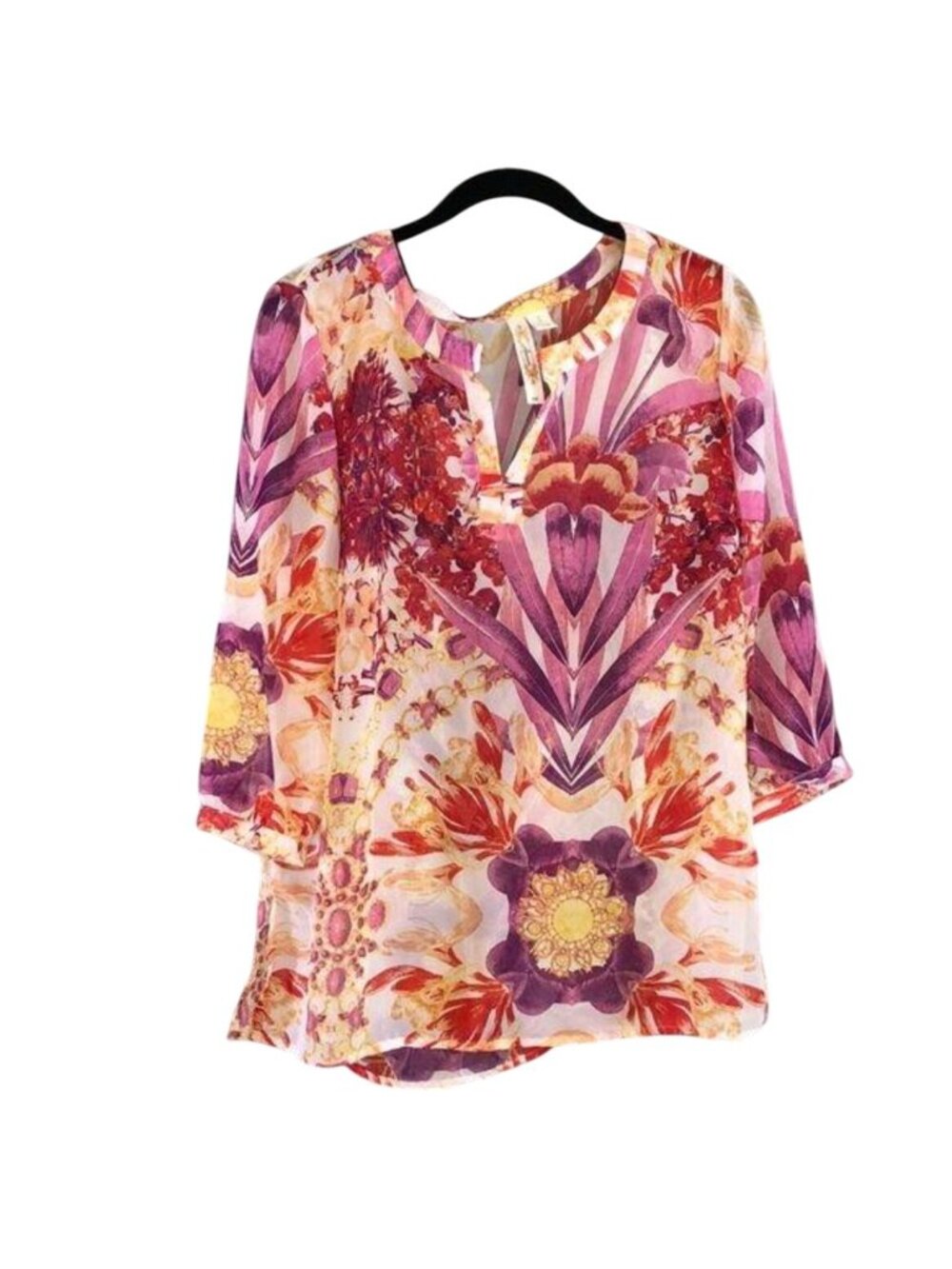 Adiva Floral Print Tunic Blouse With Keyhole Neckline & 3/4 Sleeves S